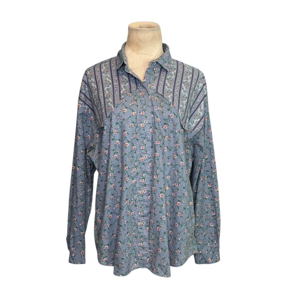 New Fashion blue pink floral long sleeves button shirt size Large